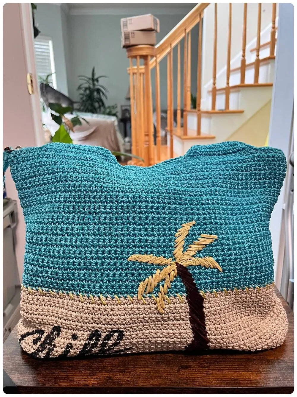 The Sak Crochet Teal Brown Embroidered Chill Palm Tree Shoulder Bag Vacation